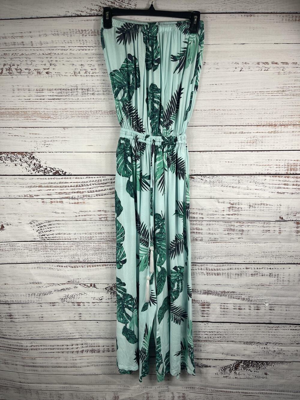 Lani Lau Jumpsuit Women's Small Green Leaf Print Strapless Wide Leg Pockets Boho
